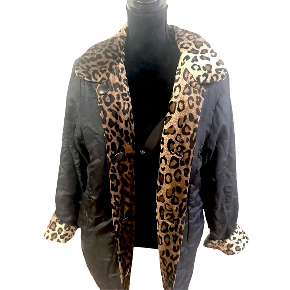 Vtg Haband Leopard Print Black Silk Pea Coat Size M 90's Mob Wife Glamour Wife - Picture 5 of 15